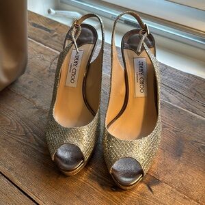Jimmy Choo gold glitter slingback pumps